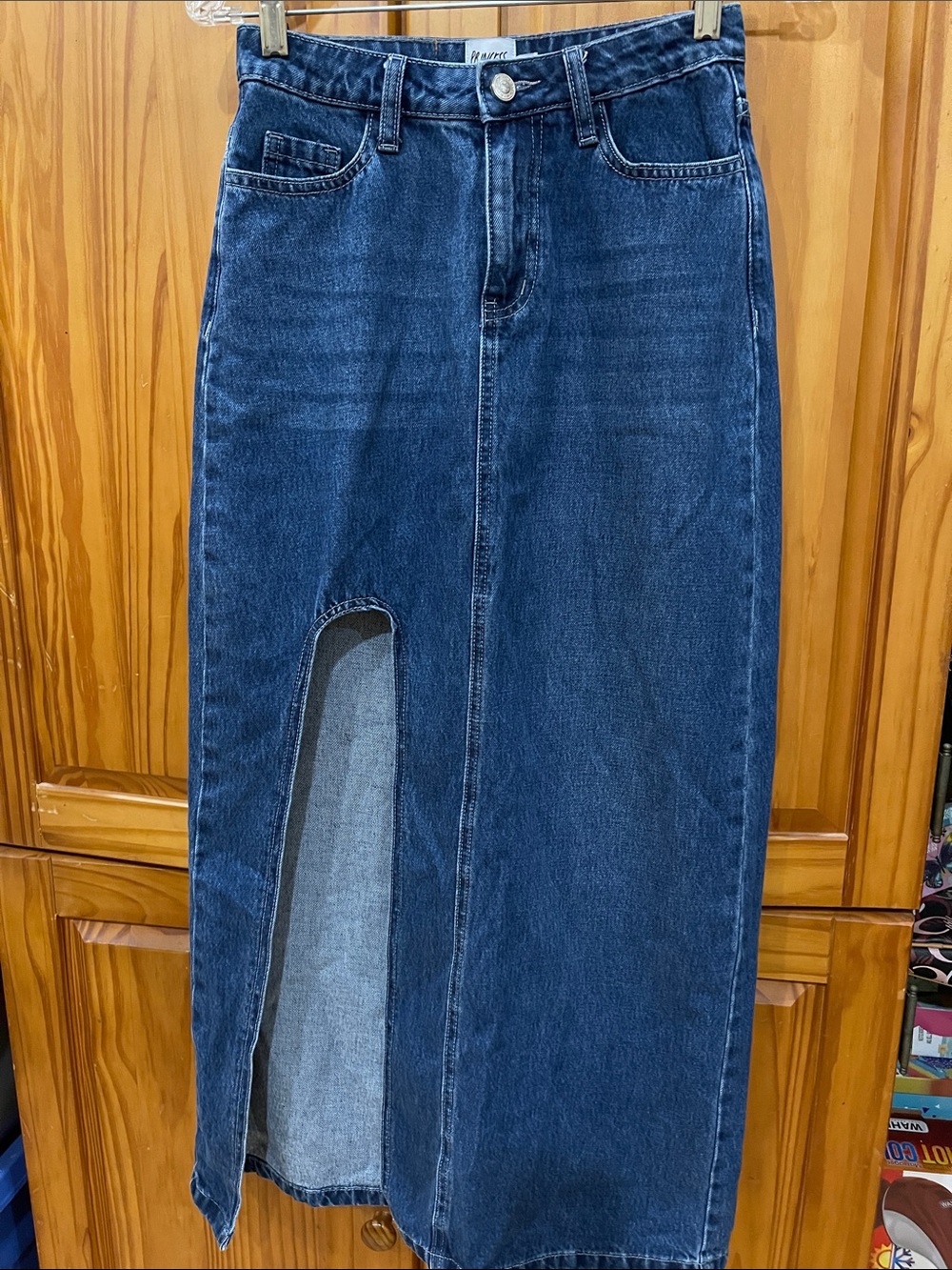 Princess Polly Denium Skirt Dark Blue Straight Denim Skirt-Jeans with Thigh Slit